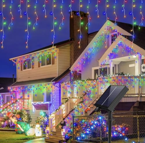 Partenopea® Tenda Luminosa natalizia Luci di Natale LED a cascata sali scendi con Pannello a ricarica Solare 168 4.5MT impermeabile IP44 8 giochi (Luce Multicolor)