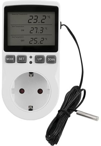 Digitaler Temperaturregler Thermostat Steckdose Schalter - 250V 16A 5 Modi mit Fühler Steckdose und Sonde LCD Bildschirm für Heizung, Kühlgeräte, Aquarium, Gewächshaus, Terrarium