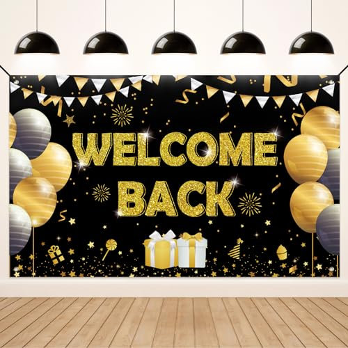 Koliphy Decoracion Welcome Back, Pancarta Welcome Back, Bandera Bienvenida para Celebracion Familiar, Aula, Temporada Escolar, Decoración de Puerta de Fiesta Familiar, 180 x 110cm(Oro Negro)