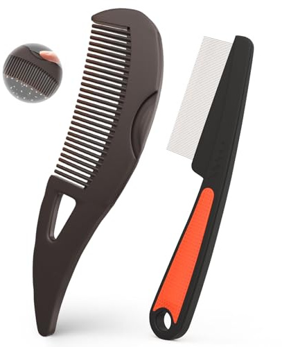 Self-Cleaning Dandruff Comb 2-Pack Set, Hollow Teeth Button-Release Scalp Detox, Fine Tooth 0.5mm & 2mm for Nits Buildup Removal, Women Men Kids, Stainless Steel Ergonomic Anti-Slip Hair Care Tool