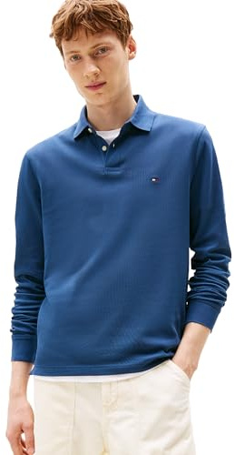 Tommy Hilfiger Men's Long Sleeve Polo Shirts in Regular Fit with Stretch and Organic Pique Cotton, Aegean Sea, Large