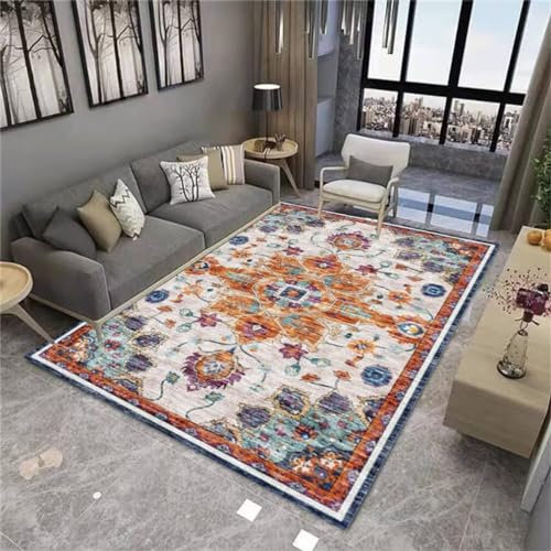 WBDYMX Kleiner Teppich50x80CM Büro Bodenmatte Teppich Flur läufer Blauer waschbarer Vintage-Blumenteppich orange