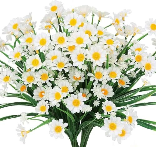 WJHDWYD Artificial Daisy Flowers 4 Pack Outdoor Fake Flowers for Decoration No Fade Faux Plastic Flower Garden Porch Hanging Planter Farmhouse Window Box Décor(White)
