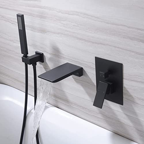 Badewannenarmatur Schwarz Wasserfall mit Brause Mischbatterie Badewanne Unterputz Wannenarmatur Wasserfall mit Handbrause Armatur Badewanne Dusche,Schwarz