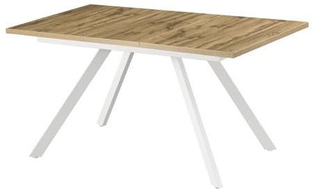B&D home® Designer Esstisch Sven, ausziehbar 120–160 x 80 cm, für 4–6 Personen, Eiche-Optik, weißes Metallgestell, moderner Küchentisch/Esszimmertisch im skandinavischen Design