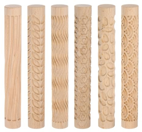 QUARKZMAN 6 Stück Holz Ton Roller Muster Modellierung 14cm Buche Holz Keramik Werkzeug Holz Kornstruktur Rollen für Ton Backen Teig DIY