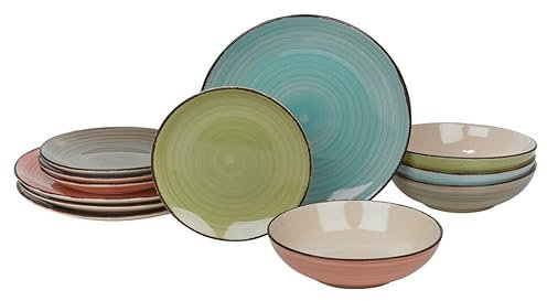 URBNLIVING Coloured Stone Glazed Ceramic Dinnerware Set - 12 Pcs Crockery Plates & Bowls - Assorted Colours - Green, Blue, Grey, Pink - Fridge & Dishwasher Safe
