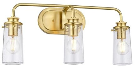 Licht-Erlebnisse Wandlampe Bad Glas Metall 60,3 cm breit IP44 in Messing E27 3-flammig länglich Vintage Badezimmer Lampe Wandleuchte Spiegel innen