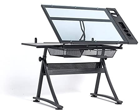 Zeichentische, Zeichentisch, Zeichentische, amerikanischer anhebbarer Zeichentisch aus Glas für Kinder und Erwachsene, Kunstwerktisch (Farbe: Schwarz, Größe: 96 x 60 x 68 cm)
