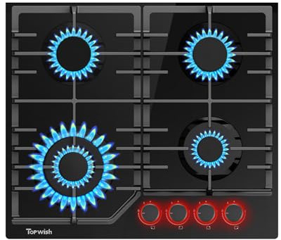 TOPWISH plaque de cuisson gaz, plaque de gaz à 4 feux, table de cuisson encastrable 60cm avec rouge bouton rotatif éclairé, NG/LPG décapotable, protection d'extinction, allumage automatique, 8000W