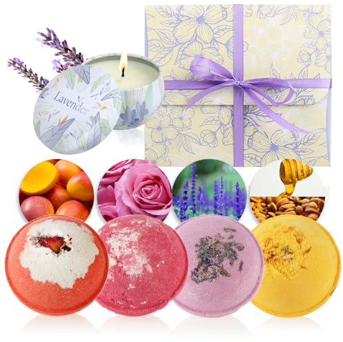 com-four® 4x Geschenk-Box mit insgesamt Badebomben und 1x Sojawachskerze | Wellness-Set für Frauen und Männer an Valentinstag - Geburtstag und Muttertag - Spa Set zur Entspannung