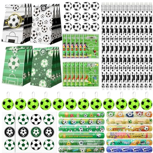 Vyuwast Fussball Mitgebsel Jungen Set 90 Stück Fußball Mitgebsel Kindergeburtstag, Bleistift, Radiergummi, Flipperspiel, Schnapparmband, Schlüsselanhänger, Papiertüten Aufkleber