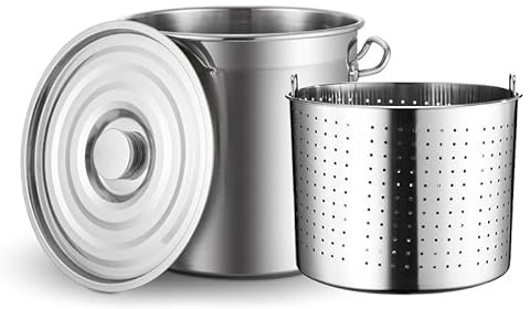 Pentola Grande in Acciaio Inox per bollitura di granchi e Frutti di Mare, Kit per bollitura in Acciaio Inox con cestello Forato, friggitrice per Tacchino, pentola per Pasta, vaporiera per ga