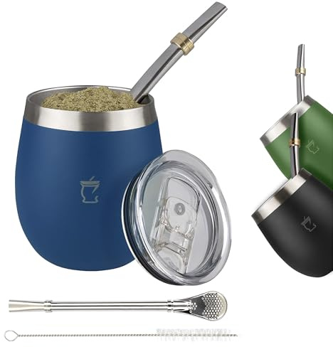 BARGRIN Kit Mate Argentino Completo - Incluye Bombillas Para Mate - Capacidad 8oz - Dos Bombillas de Acero y Cepillo para Limpieza (Azul)