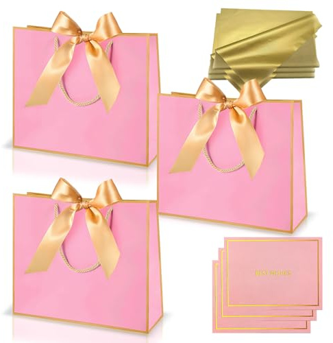 Geschenktüten,3 Stück Rosa Gold Papier Geschenktüten mit Griffen,mit 3 Schleifenbändern 3 Grußkarten 6 Seidenpapier,Verpackung Geschenke für Geburtstag,Hochzeit,Festivalfeier,Weihnachten,Party Weiß