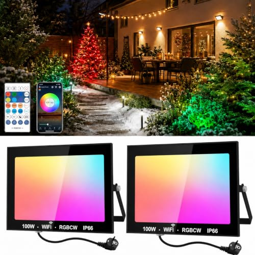 NATPOW 100W RGB Strahler Außen, Smart RGB Strahler mit Fernbedienung&Bluetooth App, LED Fluter Flutlichtstrahler Farbwechsel Scheinwerfer, IP66 Wasserdicht Flutlicht für Gärten, Innenhöfe(2 Stk)