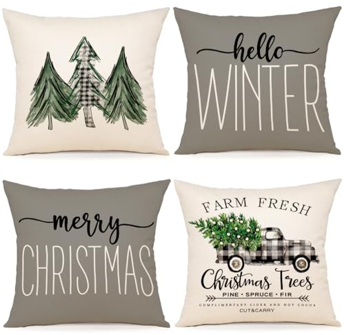 ZWJD Kissenbezug Weihnachten 40x40 4er Set Kissenbezüge Grau Christmas Weihnachtskissen Kiefernmotiv Kissenhüllen für Weihnachtsdeko Innen Sofa Schlafzimmer Dekokissen
