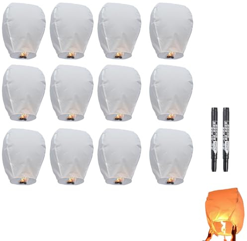 Chinese Lanterns 12 Pack | Floating Sky Lanterns with 2 Pens | Biodegradable Fire-Resistant Paper | Ideal for Weddings, Graduations, Anniversaries, Valentine’s Day, Parties, Outdoor Bonfires