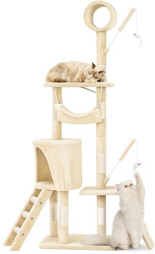 VOUNOT® Kratzbaum Katzenbaum 155 cm hoch, Stabil Mehrstöckiger Kletterbaum Katzenkratzbaum mit Kratzsäulen Plattformen Höhle Hängematte Treppe Spieltunnel und Spielzeug, Beige