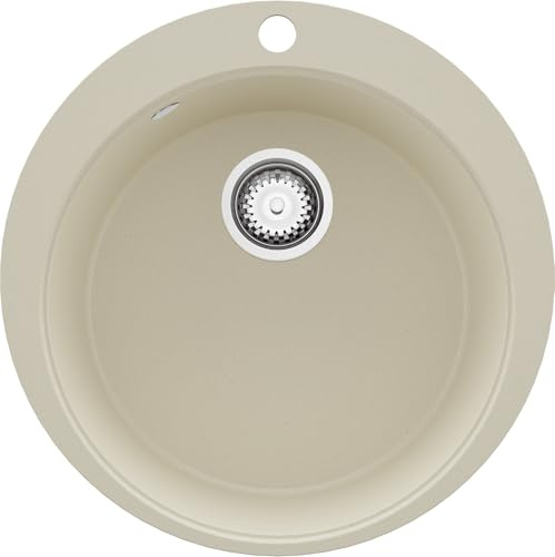 PRIMAGRAN Lavello Rotondo Beige 53x53cm, Lavandino in Granito a 1 vasca + Sifone Classico, Lavabo da Cucina Incasso al mobile 50cm - Pise Max S006