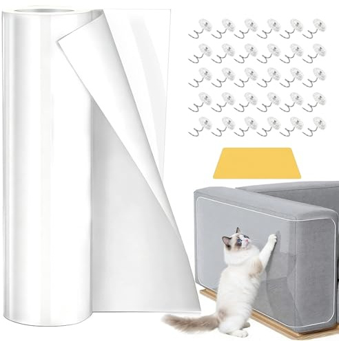 BBLTIFF Protezione Divano Graffi Gatto 5m x 30cm, Nastro Adesivo Antigraffio Gatto Divano Con 30 Chiodo di Fissaggio, Autoadesive Pellicola Trasparente per Porte, Pareti, Divani e Armadi