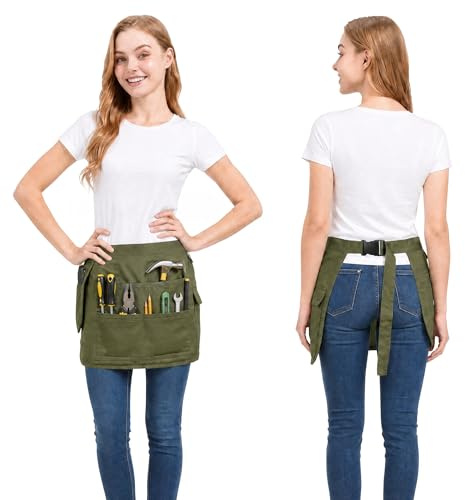 Molaxhome Tool Waist Apron with Multi-Pocket Work Server Apron with Adjustable Belt Gardening Aprons Green