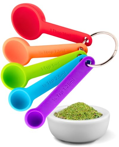 Taylors Eye Witness 5 Piece Silicone Measuring Spoon Set – Zero Plastic, LFGB Food Grade Kitchen Utensils for Accurate Baking & Cooking. Includes ¼ TSP, ½ TSP, 1 TSP, ½ tbsp & 1 tbsp. Rainbow Colour