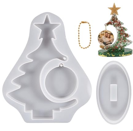 Groß Epoxidharz Formen Weihnachtsbaum Silikonform,Bilderrahmen Epoxidharz Gießform,Weihnachtsbaum Weihnachten Ornament Epoxidharz Fotorahmen mit Runde Anhänger Gießen Harzform Haus Dekoration