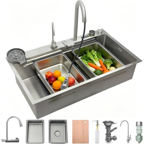 Fregadero de cocina en cascada 80x50 cm, fregadero de cocina de acero inoxidable cepillado 304, lavabo de cocina con pantalla digital, fregadero de cocina con cesta de drenaje, sifón, componente de