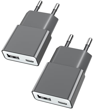 TONGKTAI Cargador USB Ultra Delgado 5W – Doble Puerto USB-C y USB-A (5V 1A), Compatible con Dispositivos como iPhone, Samsung, AirPods, cámaras, Power Banks y más – Pack de 2 – Gris