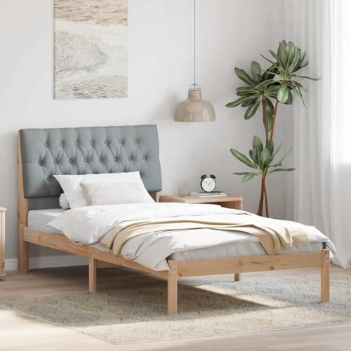 QJBSAVVA Massives Kiefernholz Bettgestell Braun 105,5 x 217 x 93,5 cm mit Gepolstertem Kopfteil Modernes Plattformbett ohne Boxspring für Schlafzimmer Erwachsene Jugendbett Doppelbett