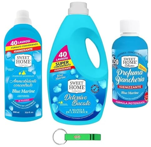 Sweet Home Blue Marine Pack d'essai – Assouplissant concentré + détergent + parfum / 3 articles du même parfum + porte-clés Beni Culinari gratuit