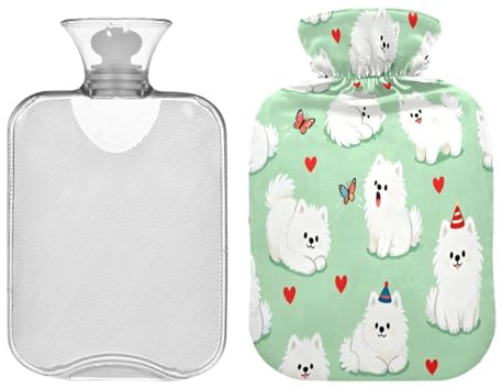 Bonita botella de agua blanca para perros samoyedos para agua caliente con cubierta suave, bolsa de 2 litros para calambres menstruales, calentador de manos y pies, bolsa para cólicos menstruales
