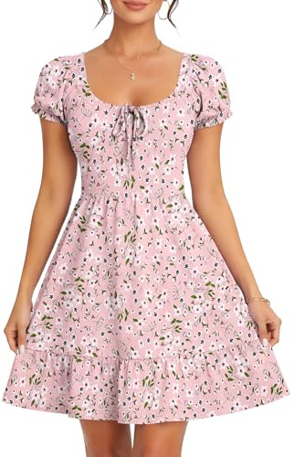 AUSELILY Robe ete Femme Manches Courtes col en U Robe de Plage | Imprimée Manches bouffantes Robe Taille Empire Décontractée avec Poches