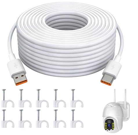Cable USB C 10M Blanco, Cable de Carga Rápida Tipo C Compatible para Xiaomi Mi Wireless Outdoor Security Camera 1080P, Xiaomi Mi Camera 2K (Magnetic Mount), Incluye Clips para Instalación