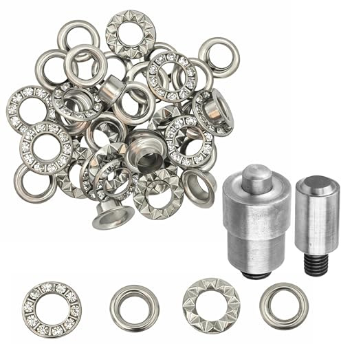 Trimming Shop Juego de ojales plateados de diamante de 6 mm, 50 piezas con arandelas y troquel de ajuste para prensa manual de máquina verde, ojales decorativos de diamantes de imitación para bolsos