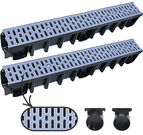 Megaa store 2m Entwässerungsrinne 148 mm – Komplettset A15 Kunststoffrinne Schwarz/Grau/Verzinkt Verschiedene Rostmuster Drainagerinne Bodenrinne (2 Meter, Grau Classic)