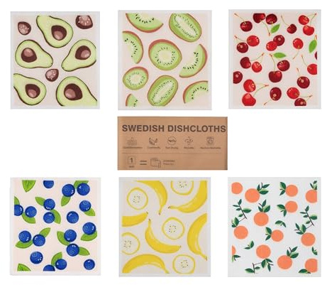 Lyyozwo Swedish Dishcloth, 6 Pcs Reusable Dish Cloths for Washing Up, 7.87 x 7.09 inches Super Absorbent Cleaning Cloth Fruit Pattern Dish Cloths for Dishes and Surfaces