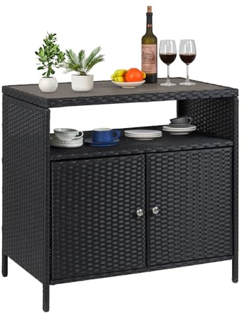 GarveeLife Outdoor Schrank aus PE Rattan mit Ablagefläche & modernem Griff, wasserabweisender Aufbewahrungsschrank für Terrasse & Balkon, Stabiler Holzwerkstoff & verstärkte Stützrohre, Schwarz