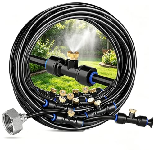 Kit Nebulizador Terraza, Pulverizador Agua Exterior, con Manguera Duradera y Boquillas Extraíbles, Sistema Vaporizador Nebulización para Jardín Terraza Sombrillas (18M)