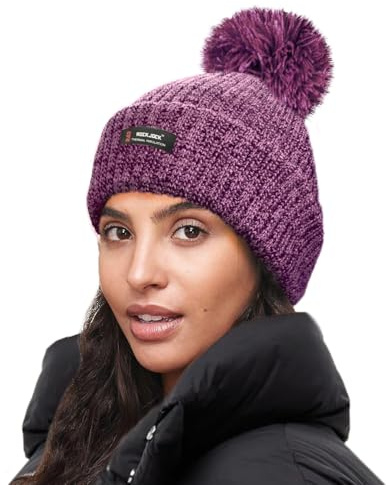 RockJock R40 Thermal Insulation Ladies Marl Melange Bobble Hat with Fleece Lining-Purple