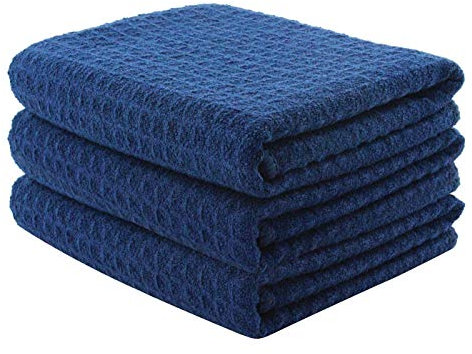 Aniease Plat en microfibre Chiffon Tissage gaufré de cuisine Séchage rapide Serviettes de toilette Lot de 3 40 cmx60 cm, bleu marine, 40CMx60CM