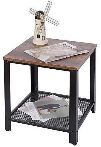 BAKAJI Tavolino Divano Tavolo caffè da Salotto Quadrato Design Moderno Industriale Struttura in Metallo con Ripiano Inferiore Piao d'appoggio in Legno MDF Scuro Dimensione 40 x 45 cm