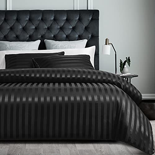 Damier Biancheria da letto in raso, 220x240 cm, colore nero, effetto seta, lucido, a righe, set da 3 pezzi, copripiumino in raso lucido di alta qualità con cerniera nascosta e 2 federe 80x80 cm