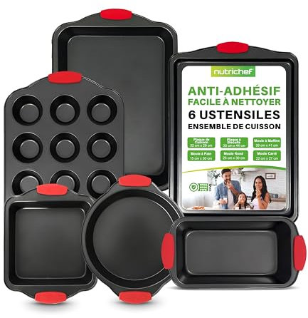 NutriChef 6-Teiliges Backform Set 6-Teilig Antihaft – Stapelbare Backzubehör für Küche, als Backblech für den Ofen oder Gefrierschrank – mit Silikongriffen, für Brot, Muffins, Kuchen & Kekse