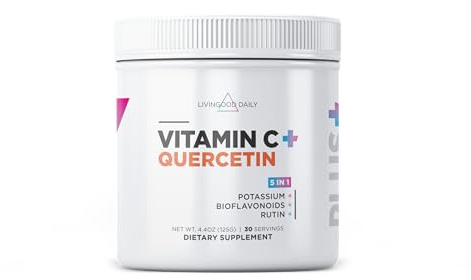 Livingood Daily High Dose Vitamin C Powder Supplement, 2,600 MG Ascorbic Acid Powder Supports Immunity & Skin Health, Powdered Vitamin C with Quercetin, Sweetened with Stevia, Vegan, 30 Servings