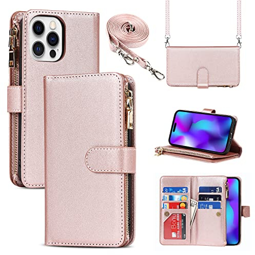 CAVOR Handykette Handyhülle kompatibel mit iPhone 14 Pro Hülle Mit Band,Flip Leder Geldbörse Handyhülle,[9 Kartenfach][Magnetverschluss],Klapphülle Handytasche zum umhängen - Roségold