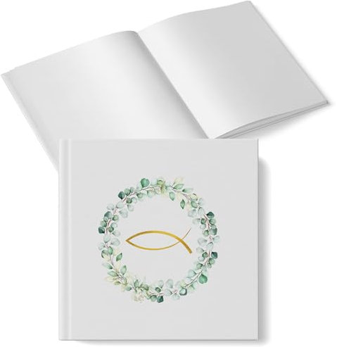 Gästebuch mit Fisch & Eukalyptus-Kranz: Fotoalbum für Taufe, Kommunion, Konfirmation & Firmung , Erinnerungsbuch Hardcover, Erinnerungsalbum Hochzeit, 48 Blanko Seiten, Weiß, Grün, Gold, 15 x 15 cm