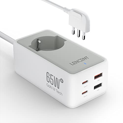 LENCENT GaN 65W Presa Elettrica con Cavo 1.5M 2500W Presa AC e Spina Italia | da Muro Ciabatta Spina da Tavolo con 4 Porte USB & 1 Presa IT Caricatore USB Ricarica Veloce per Laptop, PC, Telefono