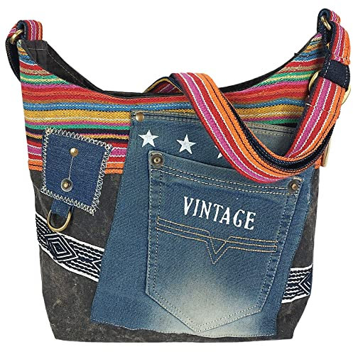 Sunsa Damen vegane Umhängetasche. Hobo Tasche aus Canvas & recycelte Jeans. Nachhaltig Vintage Crossbody Bag als Geschenkideen für Frauen
